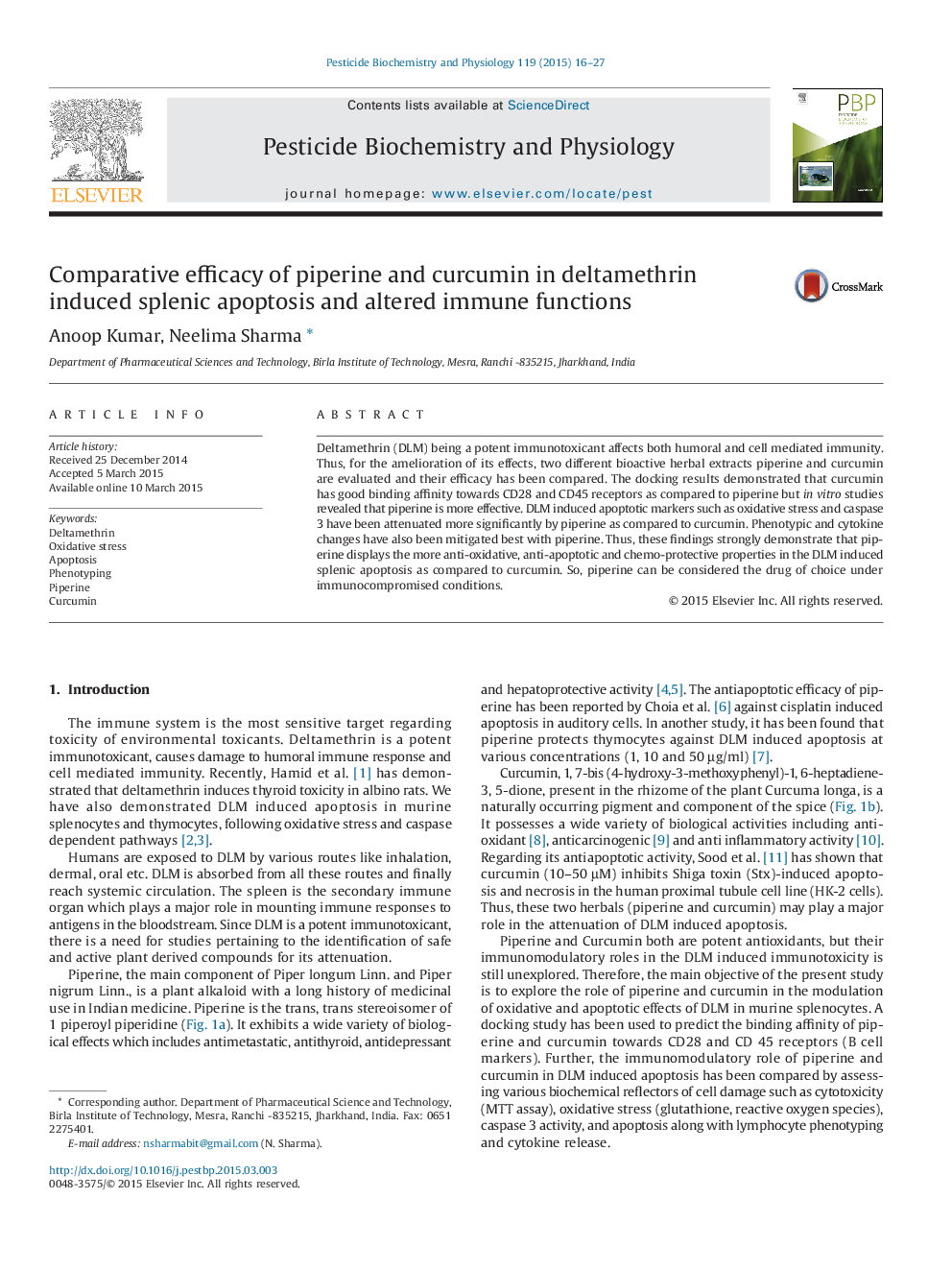 Comparative efficacy of piperine and curcumin in deltamethrin induced splenic apoptosis and altered immune functions