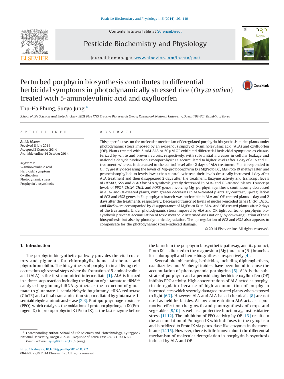 Perturbed porphyrin biosynthesis contributes to differential herbicidal symptoms in photodynamically stressed rice (Oryza sativa) treated with 5-aminolevulinic acid and oxyfluorfen