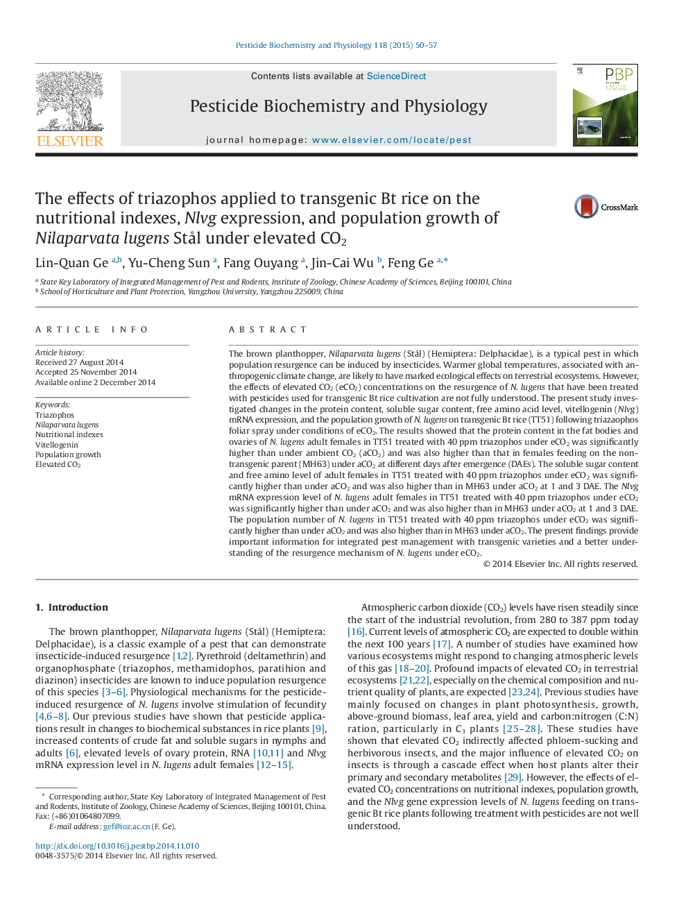 The effects of triazophos applied to transgenic Bt rice on the nutritional indexes, Nlvg expression, and population growth of Nilaparvata lugens Stål under elevated CO2