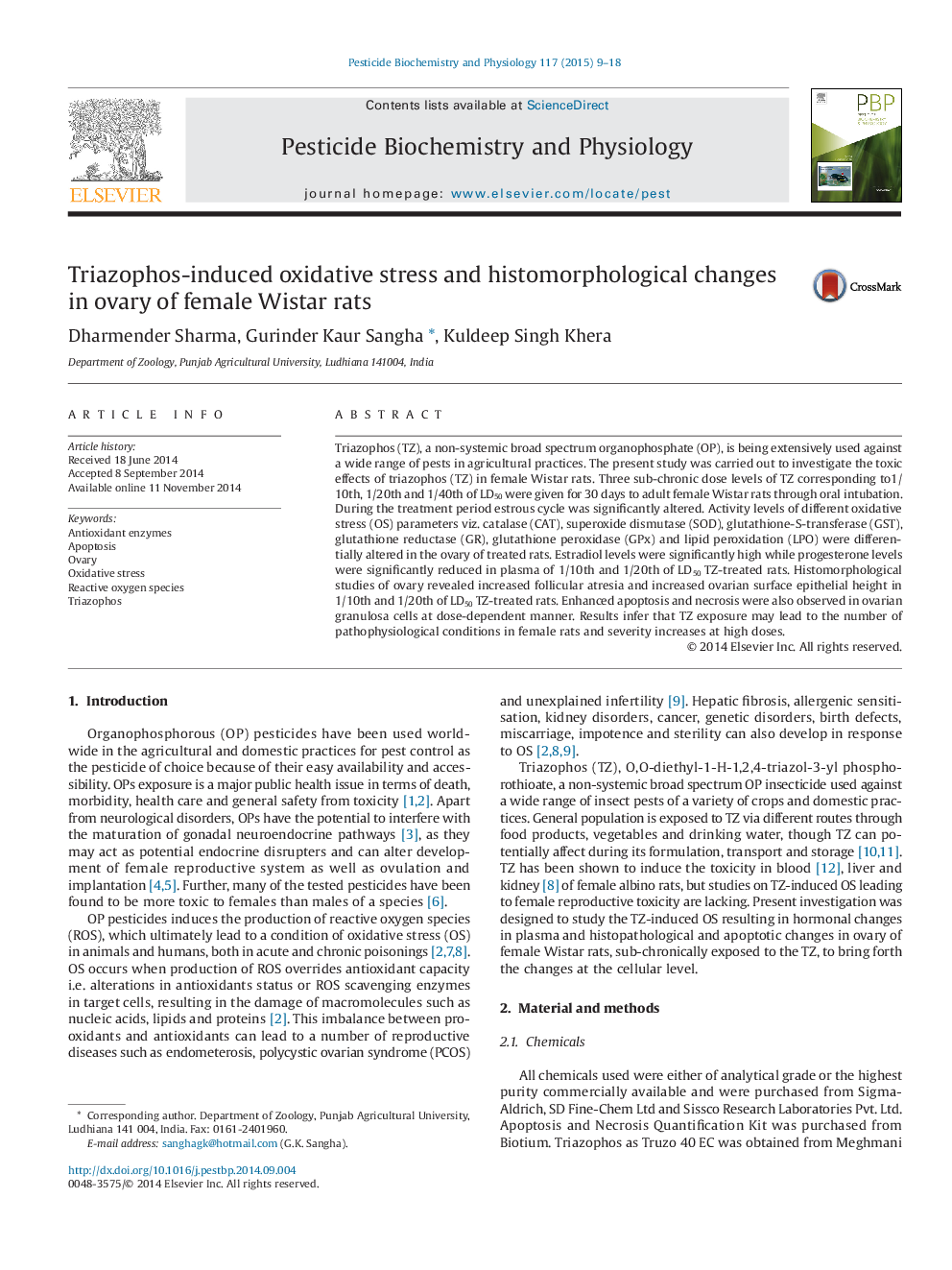 Triazophos-induced oxidative stress and histomorphological changes in ovary of female Wistar rats