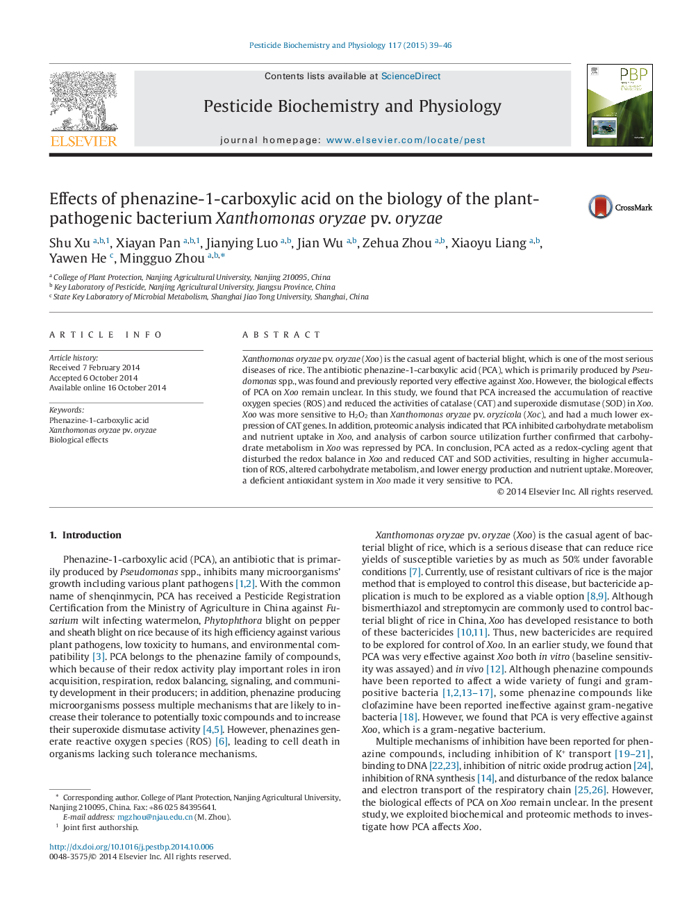 Effects of phenazine-1-carboxylic acid on the biology of the plant-pathogenic bacterium Xanthomonas oryzae pv. oryzae