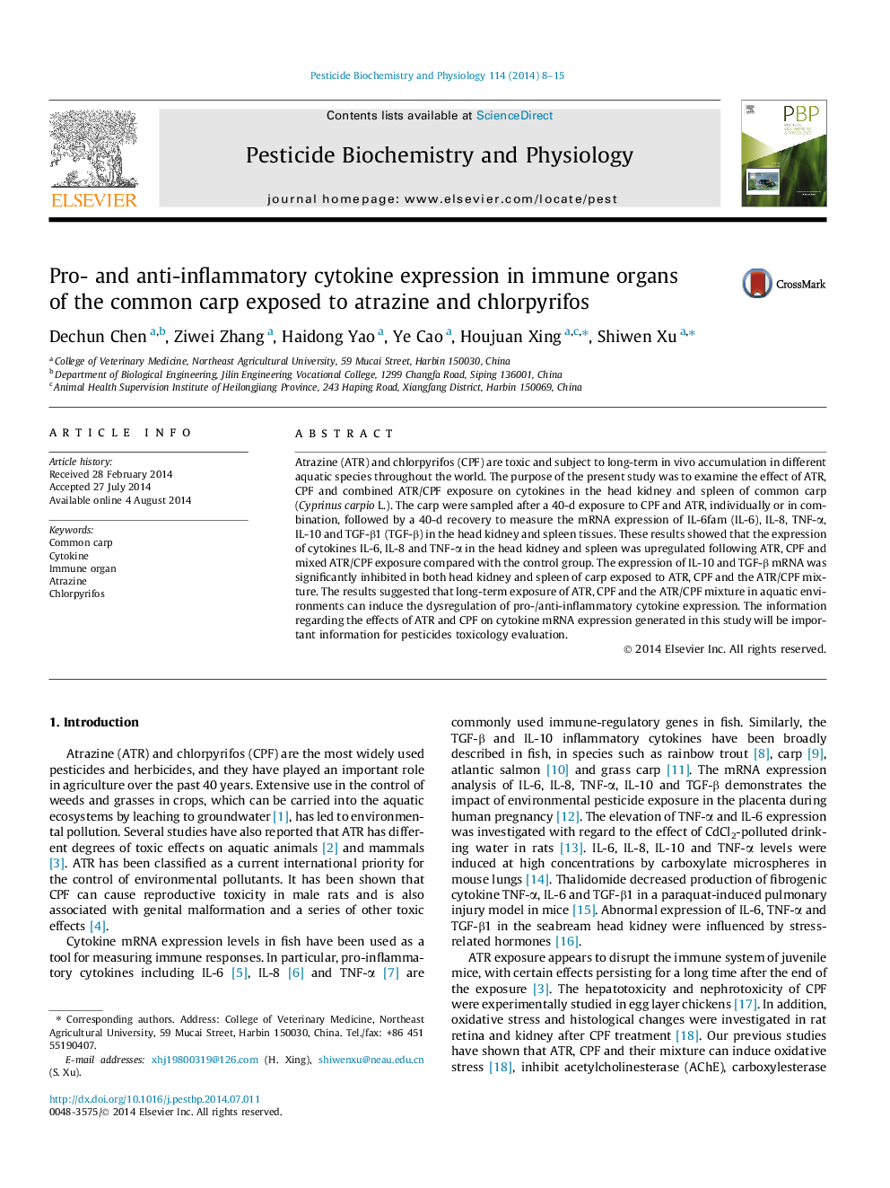 Pro- and anti-inflammatory cytokine expression in immune organs of the common carp exposed to atrazine and chlorpyrifos