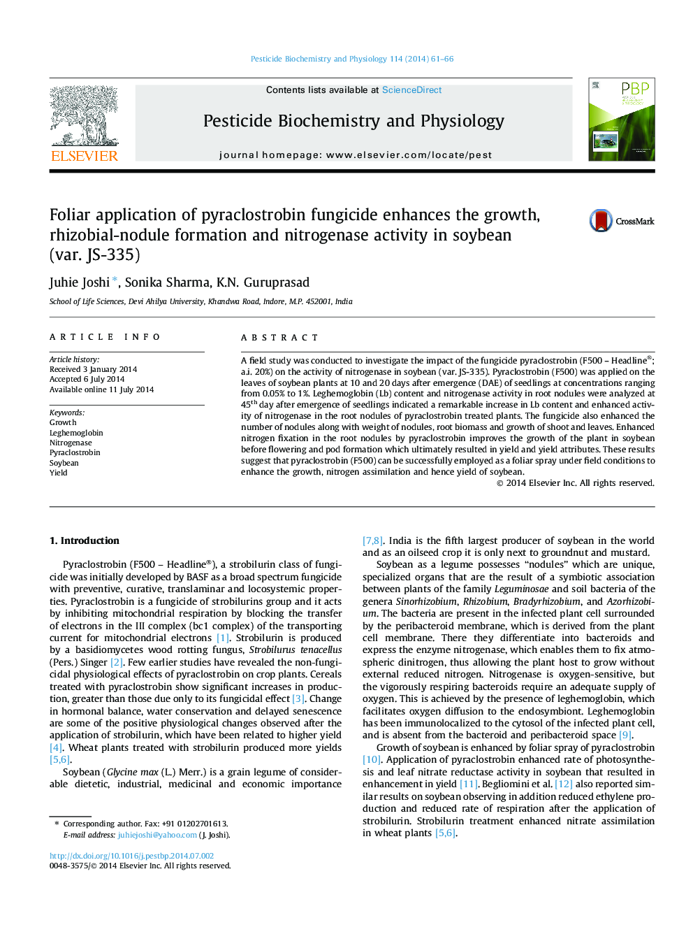 Foliar application of pyraclostrobin fungicide enhances the growth, rhizobial-nodule formation and nitrogenase activity in soybean (var. JS-335)