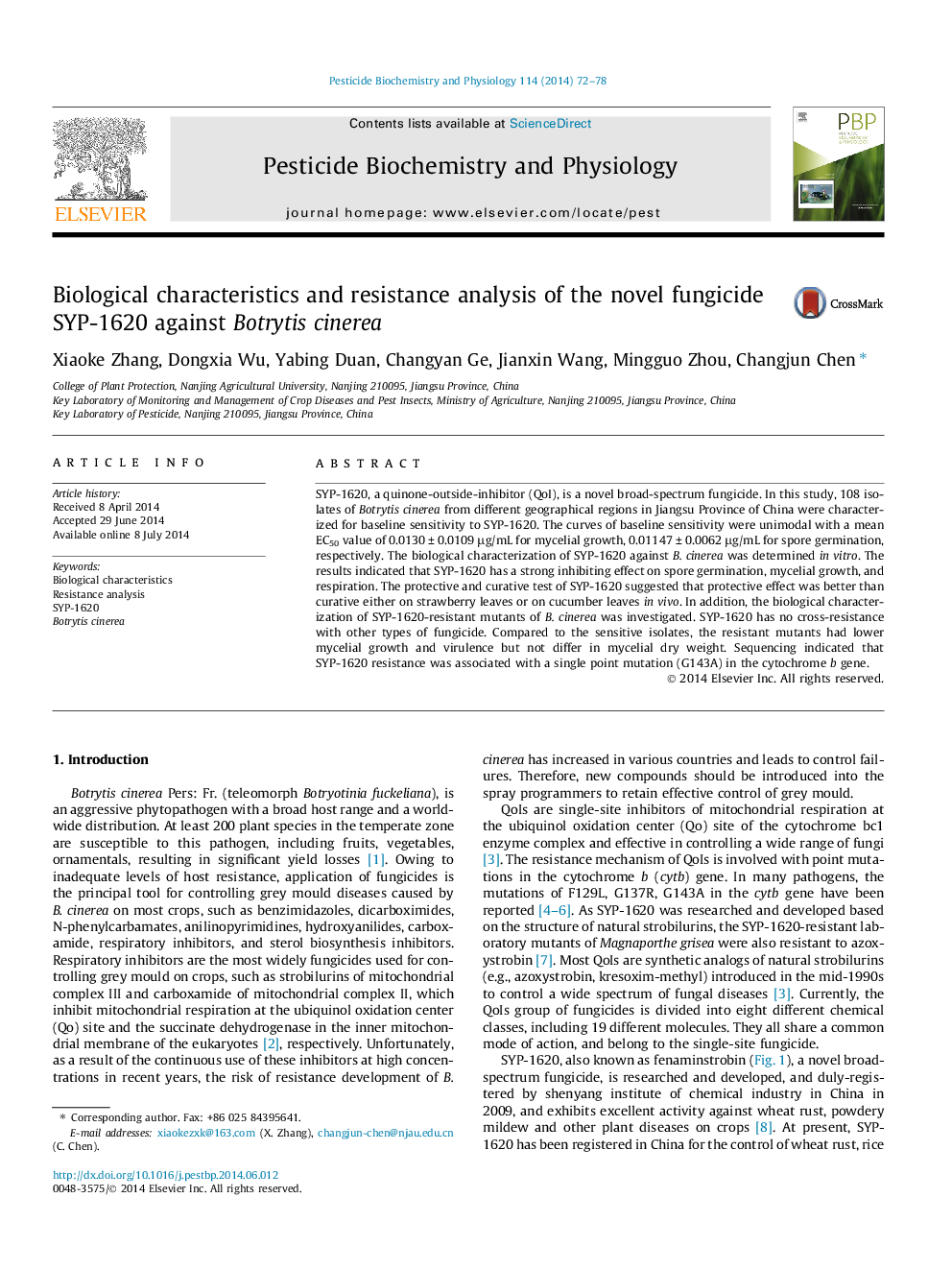 Biological characteristics and resistance analysis of the novel fungicide SYP-1620 against Botrytis cinerea