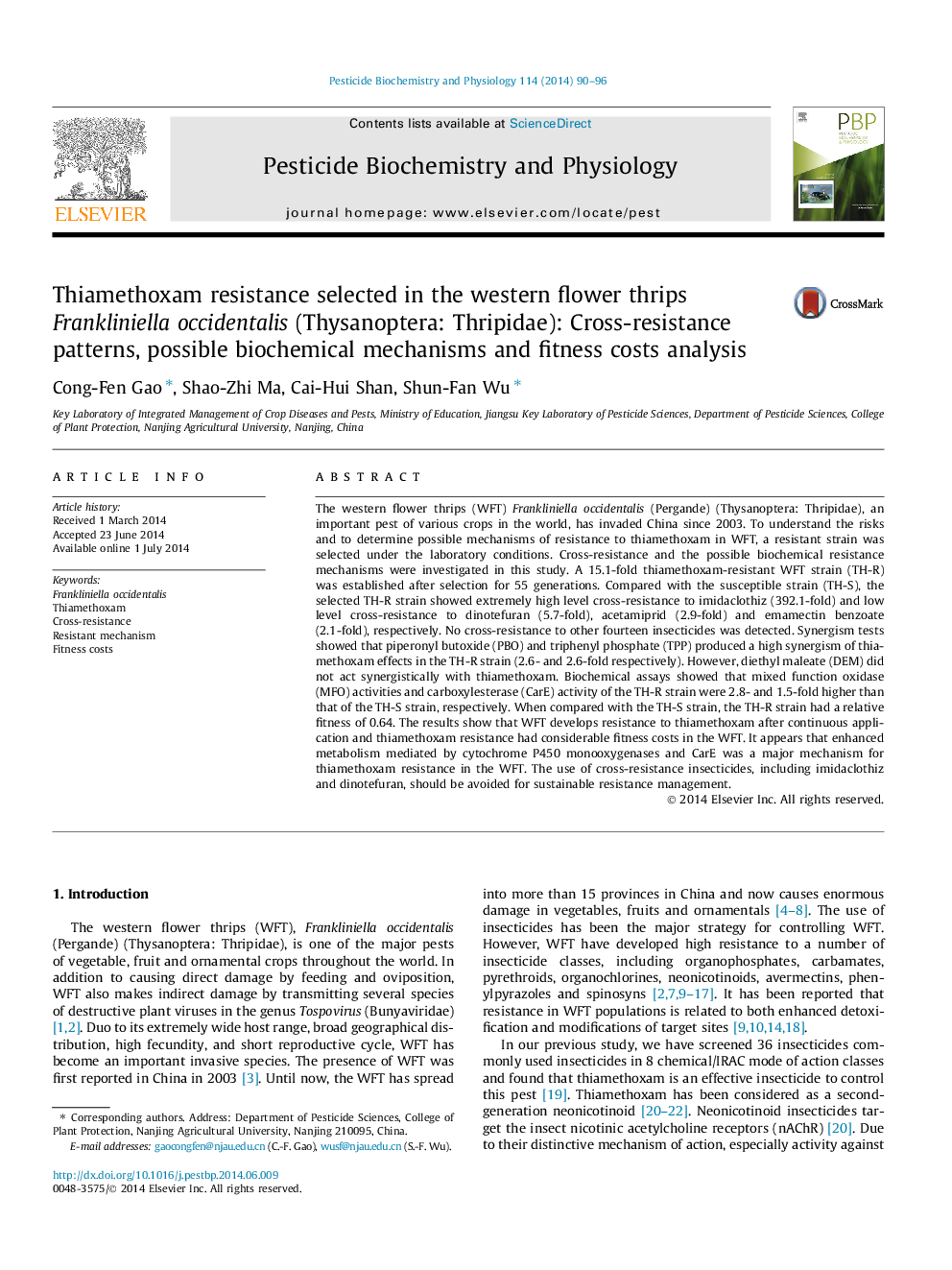 Thiamethoxam resistance selected in the western flower thrips Frankliniella occidentalis (Thysanoptera: Thripidae): Cross-resistance patterns, possible biochemical mechanisms and fitness costs analysis