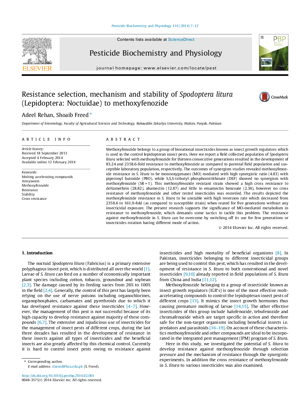 Resistance selection, mechanism and stability of Spodoptera litura (Lepidoptera: Noctuidae) to methoxyfenozide