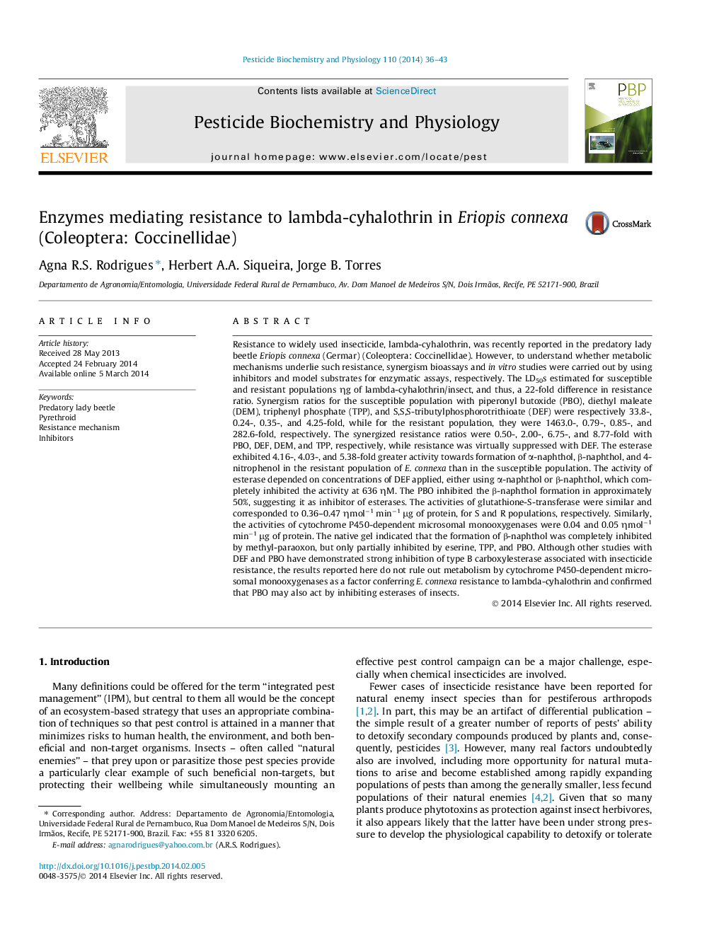 Enzymes mediating resistance to lambda-cyhalothrin in Eriopis connexa (Coleoptera: Coccinellidae)