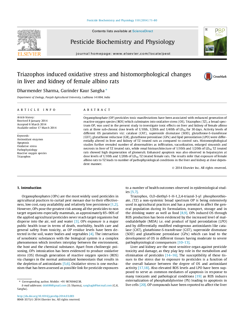 Triazophos induced oxidative stress and histomorphological changes in liver and kidney of female albino rats