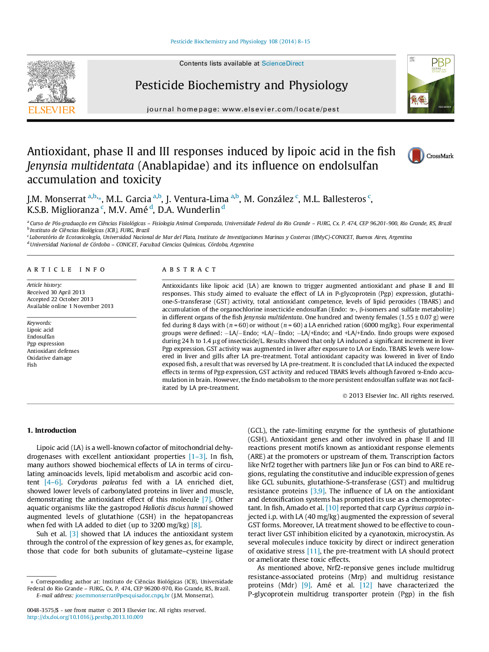 Antioxidant, phase II and III responses induced by lipoic acid in the fish Jenynsia multidentata (Anablapidae) and its influence on endolsulfan accumulation and toxicity