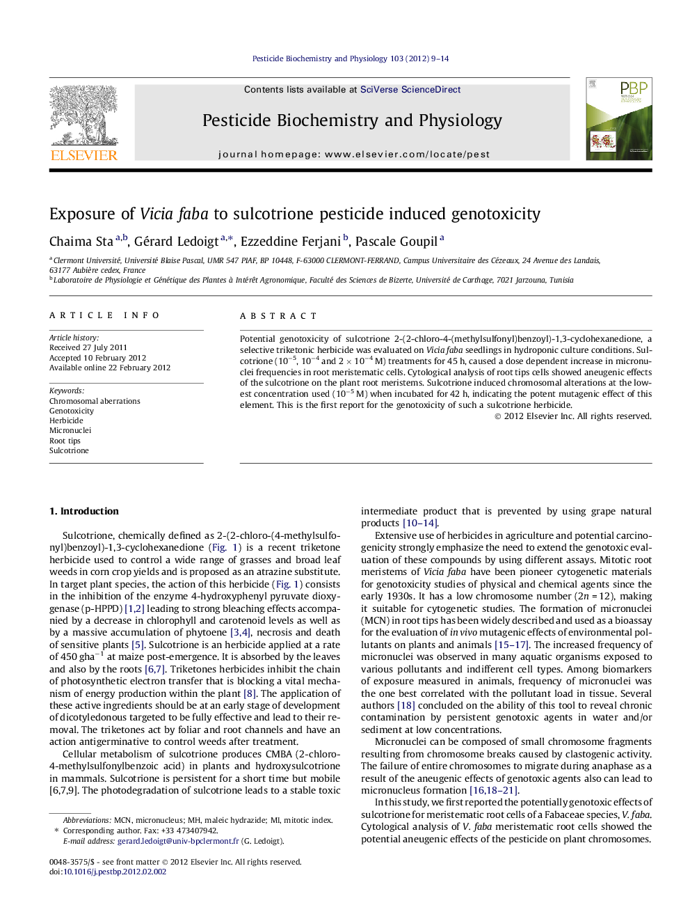 Exposure of Vicia faba to sulcotrione pesticide induced genotoxicity