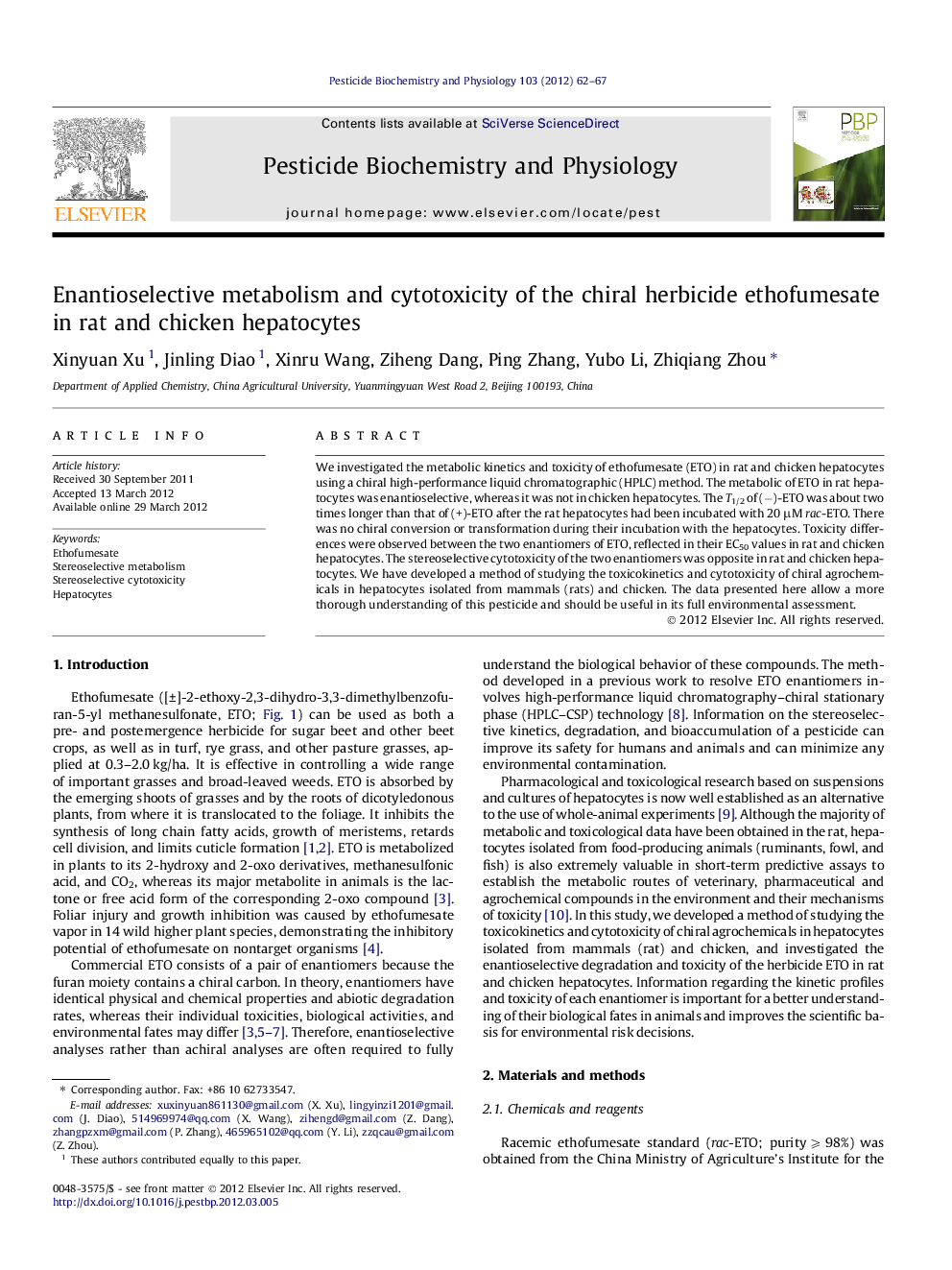 Enantioselective metabolism and cytotoxicity of the chiral herbicide ethofumesate in rat and chicken hepatocytes