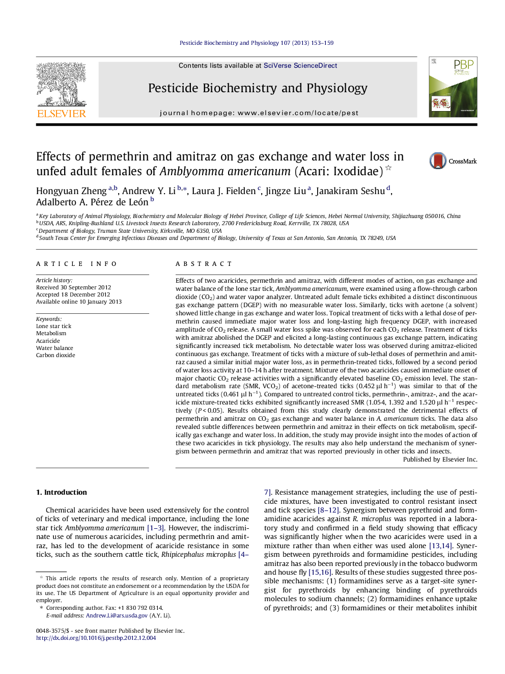 Effects of permethrin and amitraz on gas exchange and water loss in unfed adult females of Amblyomma americanum (Acari: Ixodidae)