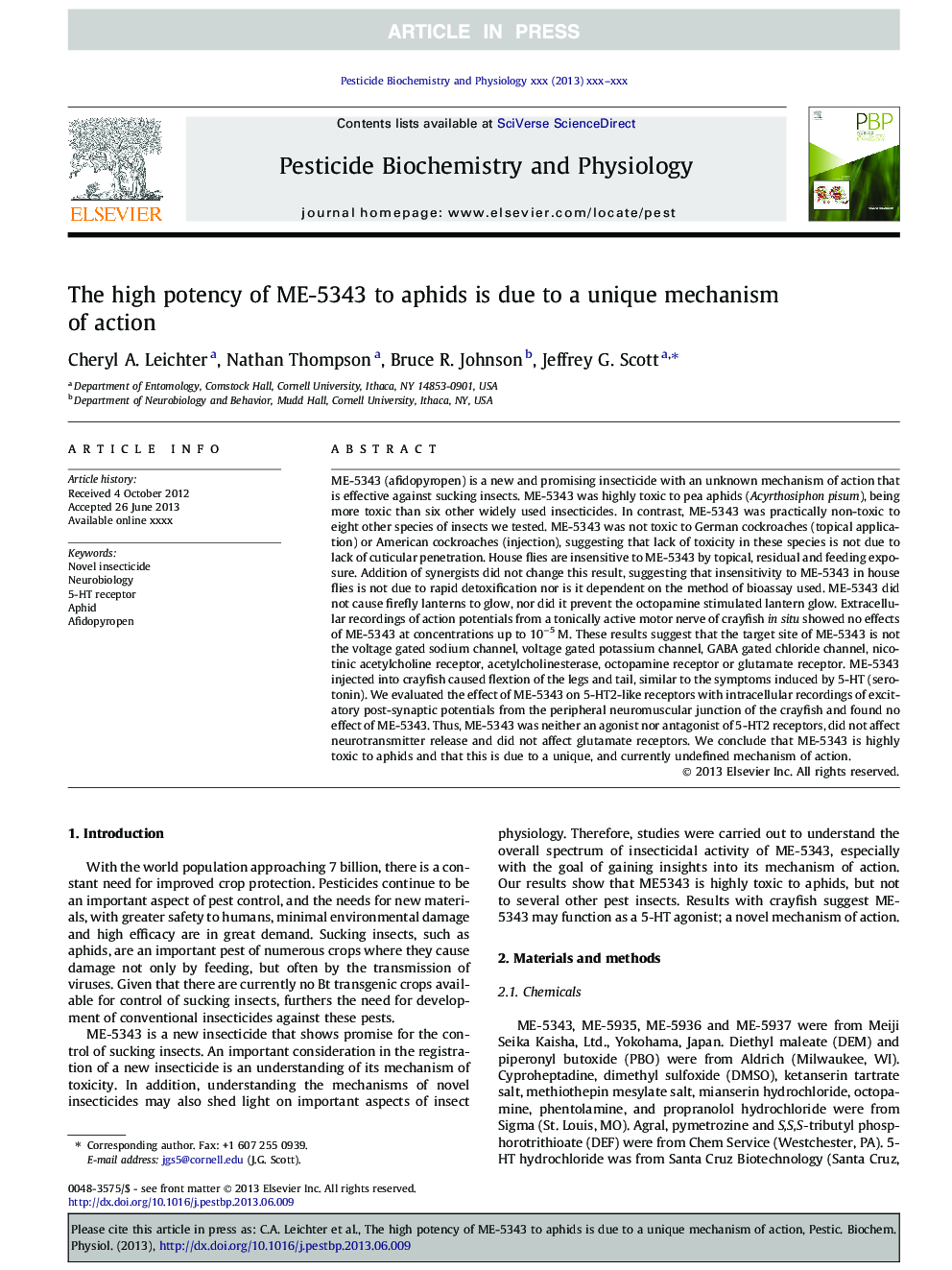 The high potency of ME-5343 to aphids is due to a unique mechanism of action