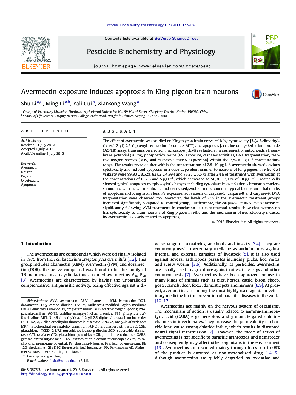 Avermectin exposure induces apoptosis in King pigeon brain neurons