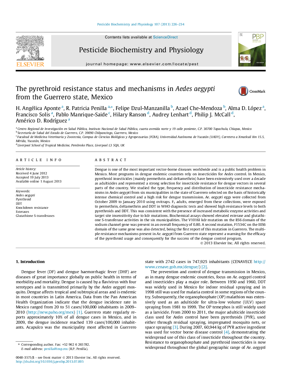 The pyrethroid resistance status and mechanisms in Aedes aegypti from the Guerrero state, Mexico