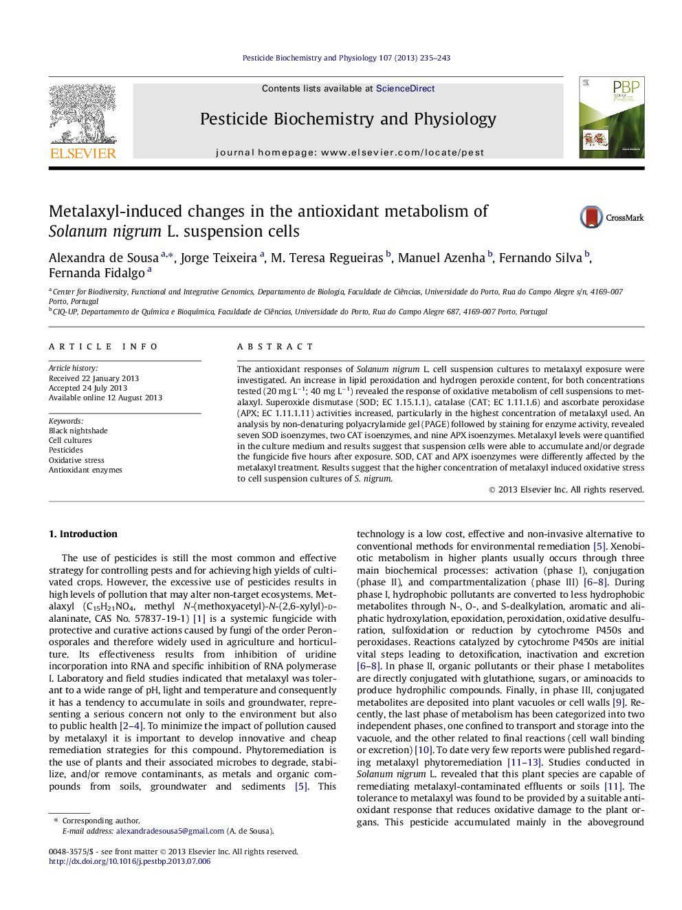 Metalaxyl-induced changes in the antioxidant metabolism of Solanum nigrum L. suspension cells