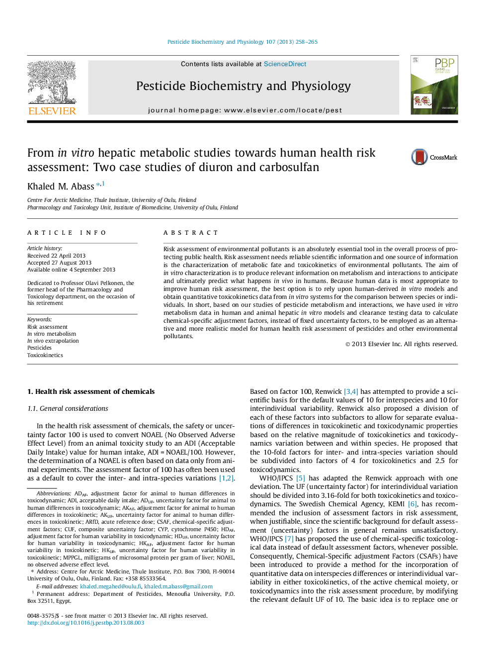 From in vitro hepatic metabolic studies towards human health risk assessment: Two case studies of diuron and carbosulfan