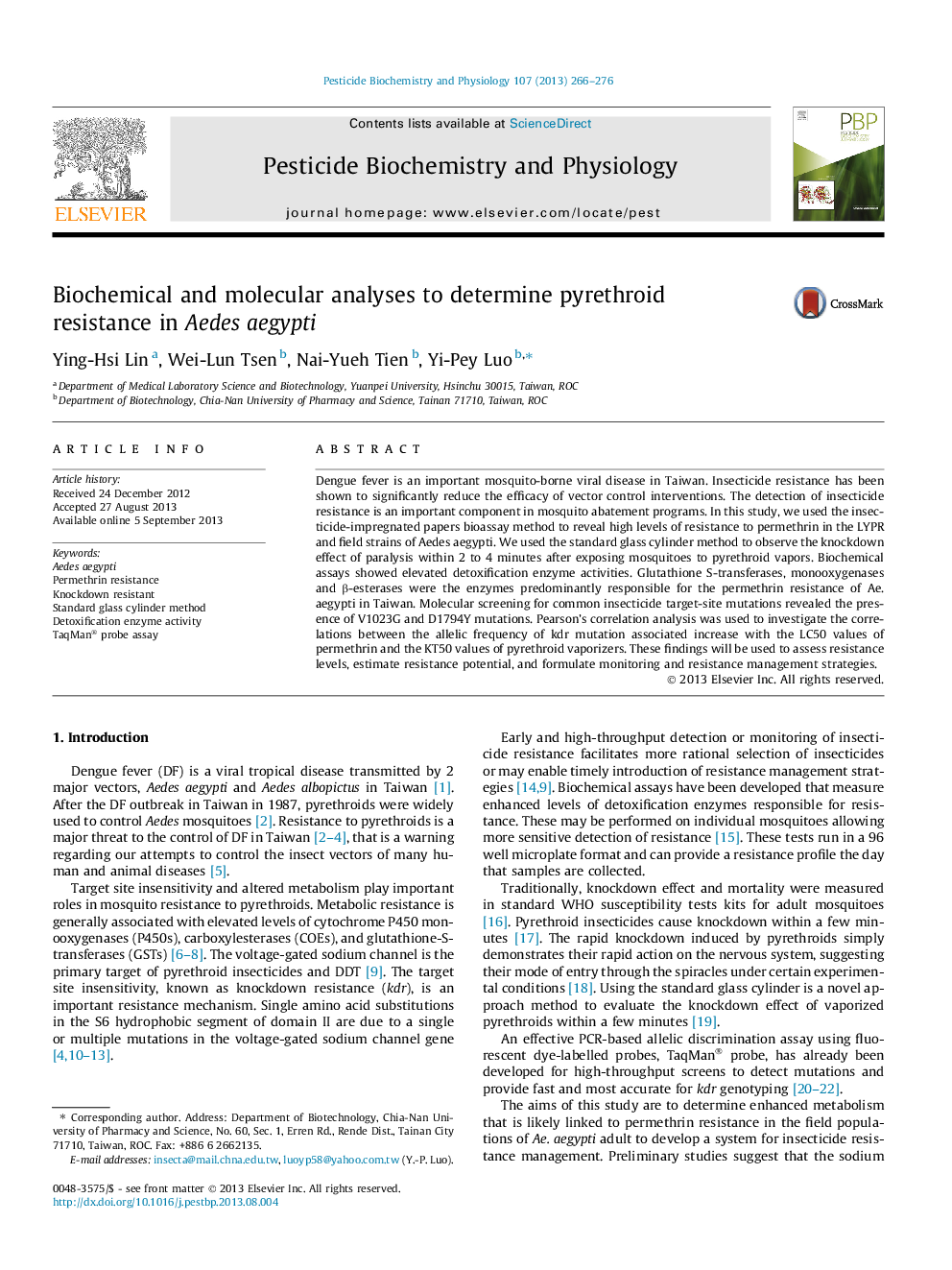 Biochemical and molecular analyses to determine pyrethroid resistance in Aedes aegypti