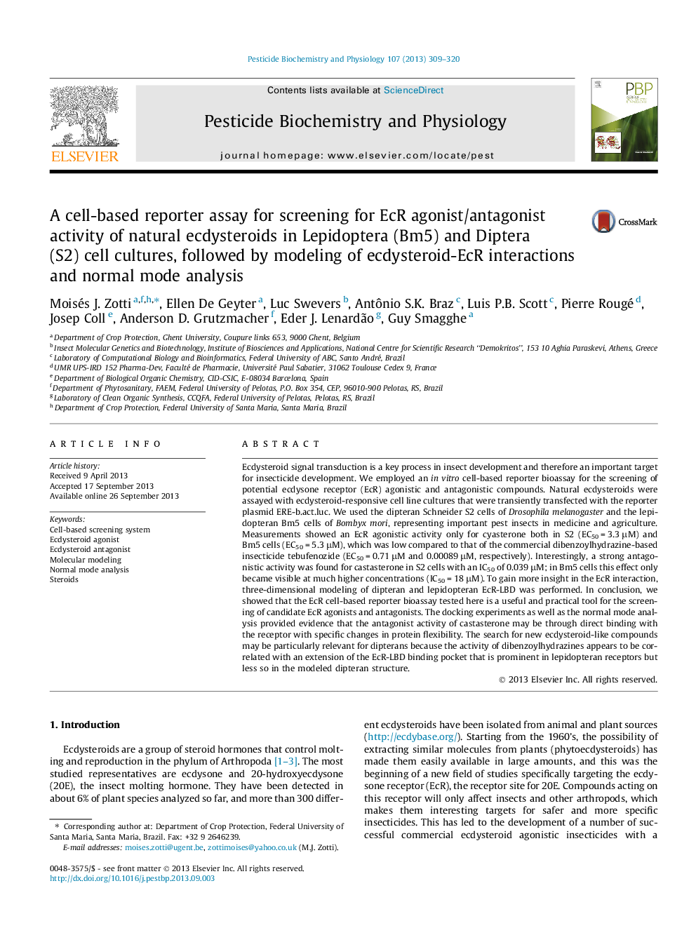 A cell-based reporter assay for screening for EcR agonist/antagonist activity of natural ecdysteroids in Lepidoptera (Bm5) and Diptera (S2) cell cultures, followed by modeling of ecdysteroid-EcR interactions and normal mode analysis