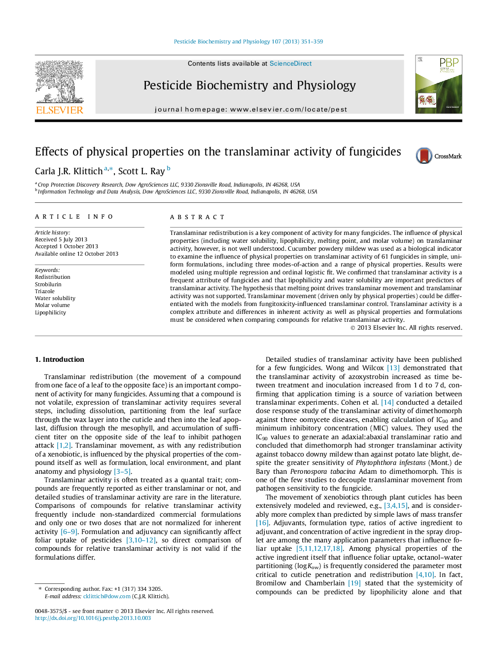 Effects of physical properties on the translaminar activity of fungicides