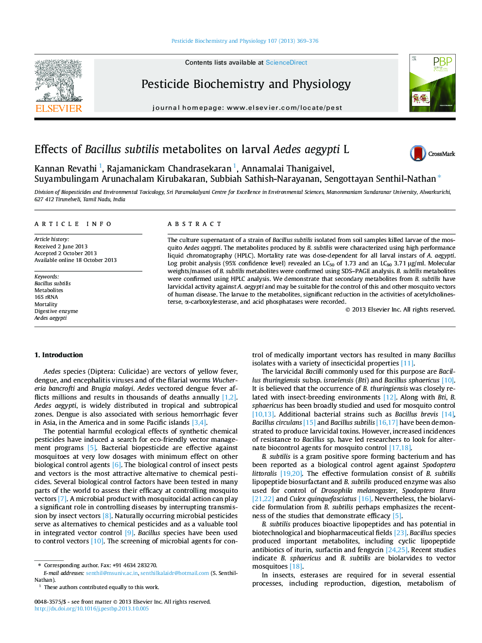 Effects of Bacillus subtilis metabolites on larval Aedes aegypti L