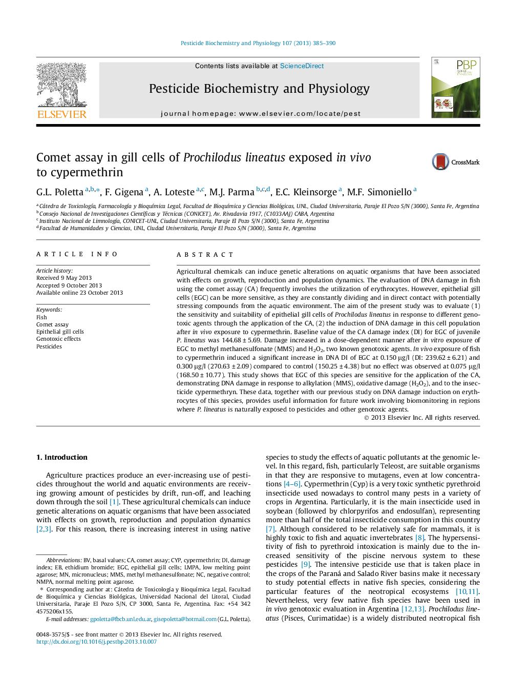 Comet assay in gill cells of Prochilodus lineatus exposed in vivo to cypermethrin