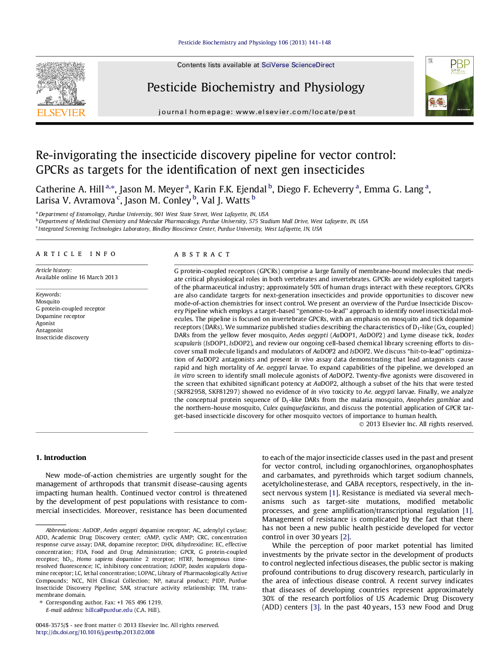 Re-invigorating the insecticide discovery pipeline for vector control: GPCRs as targets for the identification of next gen insecticides