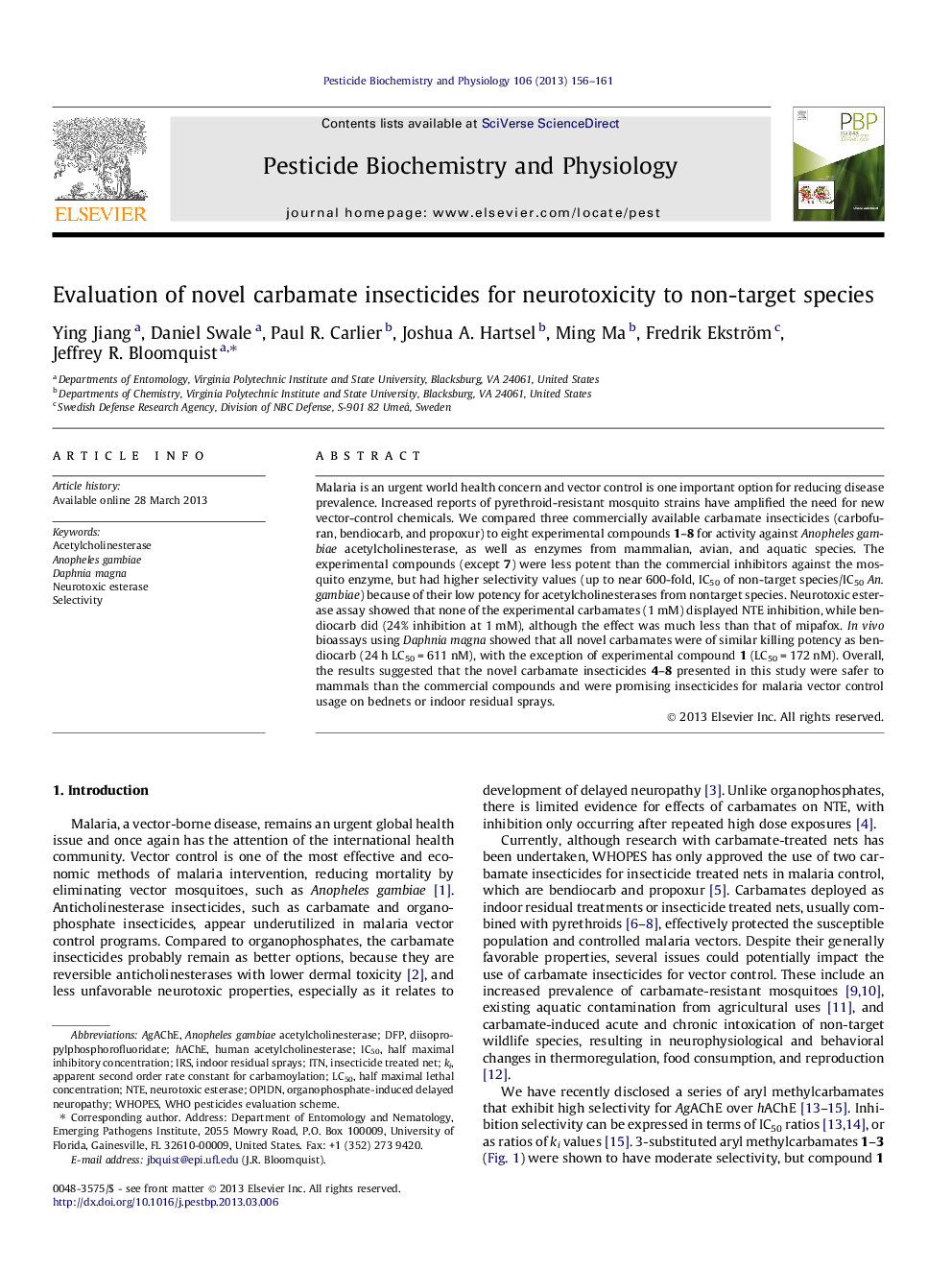 Evaluation of novel carbamate insecticides for neurotoxicity to non-target species