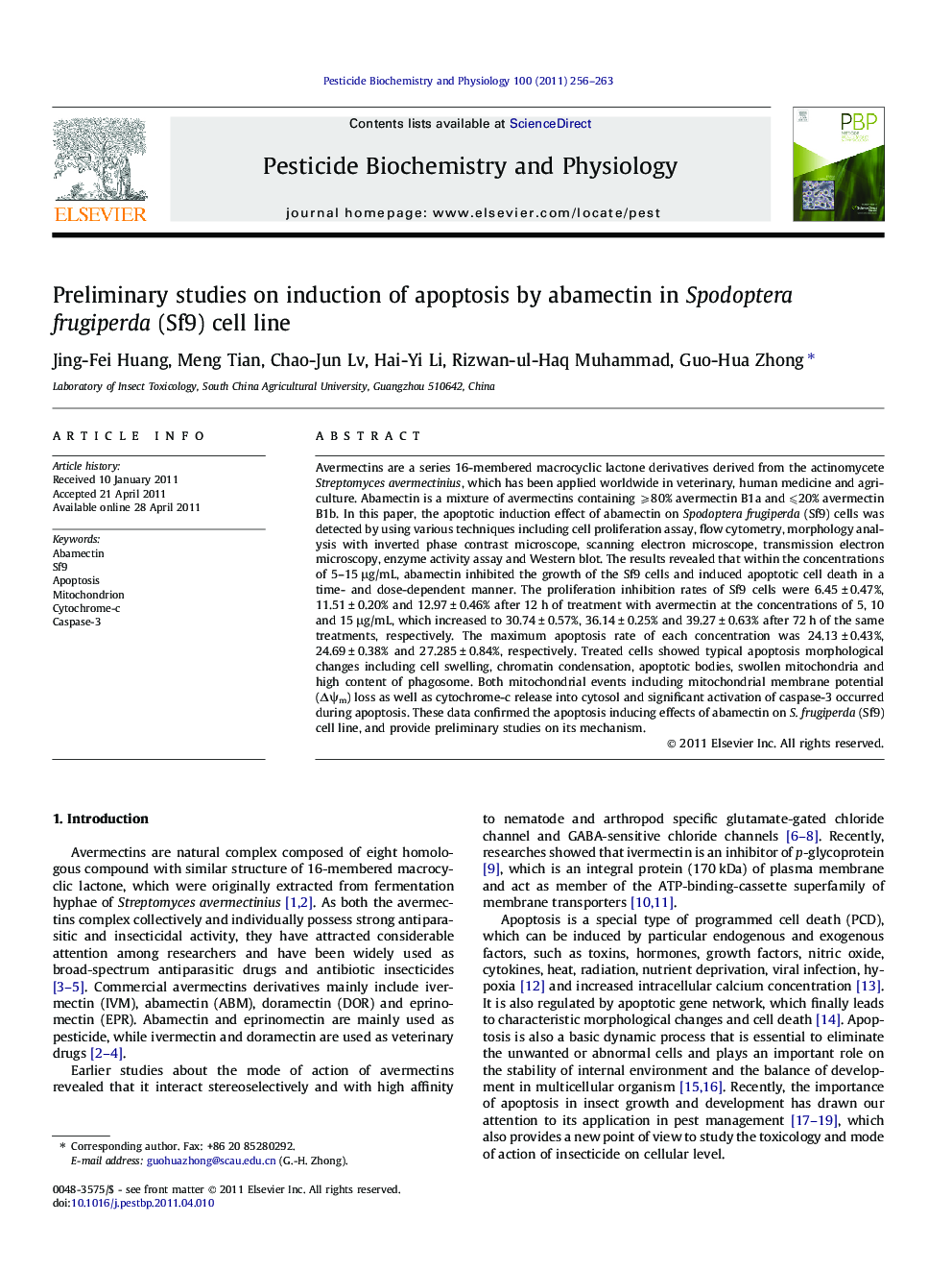Preliminary studies on induction of apoptosis by abamectin in Spodoptera frugiperda (Sf9) cell line