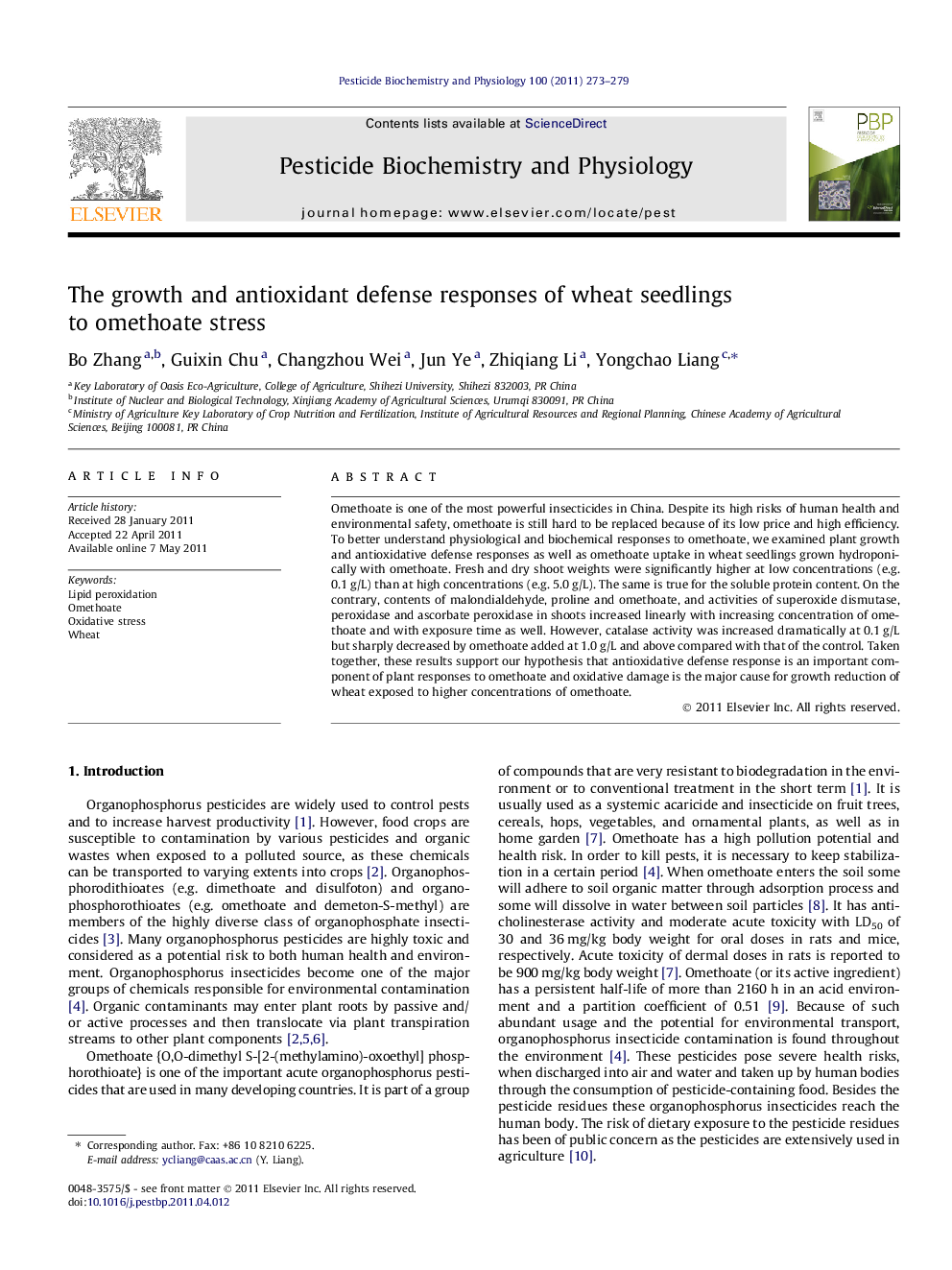 The growth and antioxidant defense responses of wheat seedlings to omethoate stress