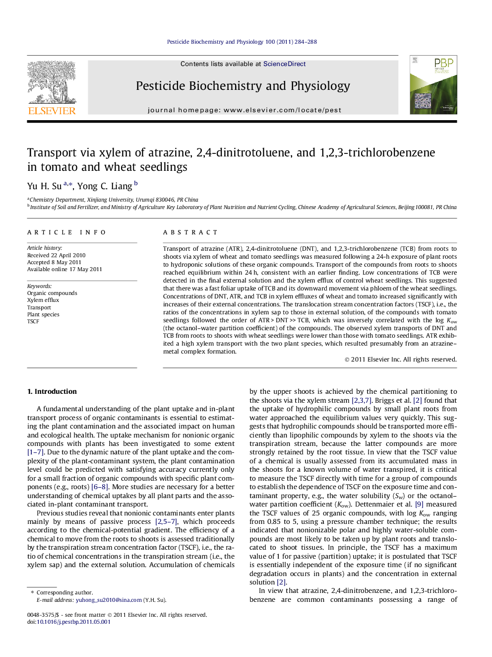 Transport via xylem of atrazine, 2,4-dinitrotoluene, and 1,2,3-trichlorobenzene in tomato and wheat seedlings