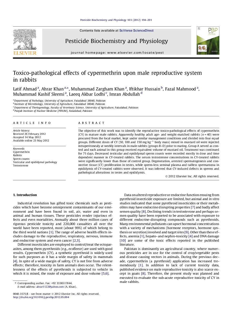 Toxico-pathological effects of cypermethrin upon male reproductive system in rabbits