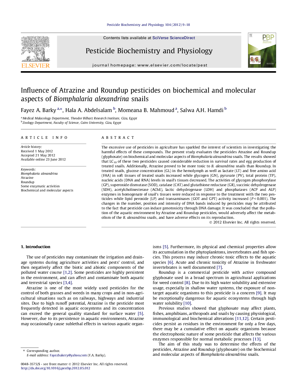 Influence of Atrazine and Roundup pesticides on biochemical and molecular aspects of Biomphalaria alexandrina snails