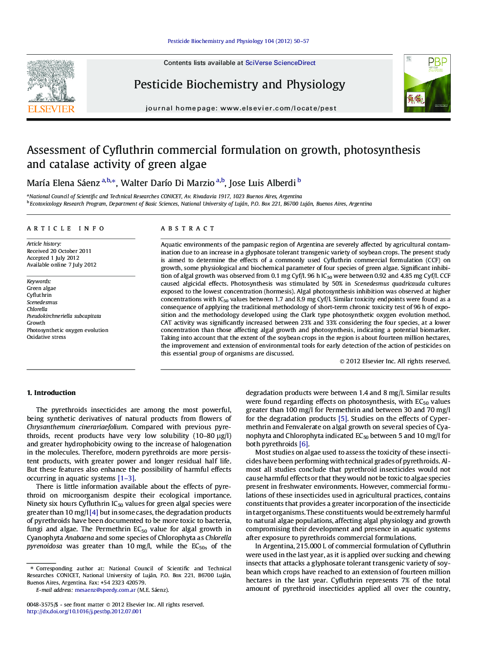Assessment of Cyfluthrin commercial formulation on growth, photosynthesis and catalase activity of green algae