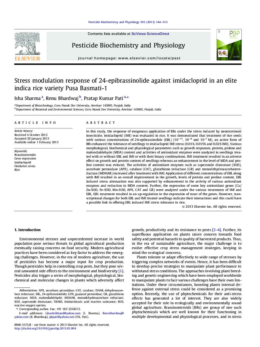 Stress modulation response of 24-epibrassinolide against imidacloprid in an elite indica rice variety Pusa Basmati-1