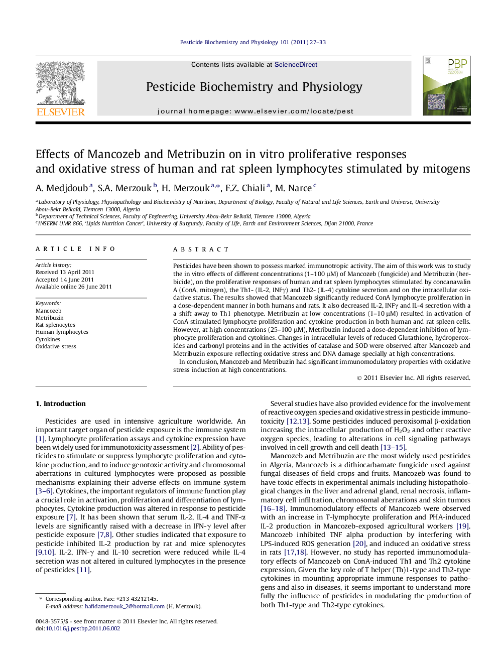 Effects of Mancozeb and Metribuzin on in vitro proliferative responses and oxidative stress of human and rat spleen lymphocytes stimulated by mitogens