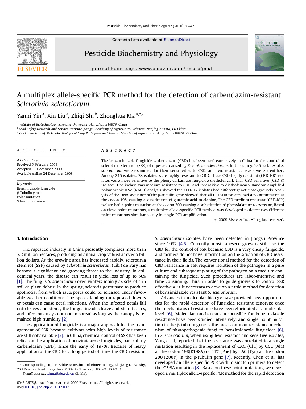 A multiplex allele-specific PCR method for the detection of carbendazim-resistant Sclerotinia sclerotiorum