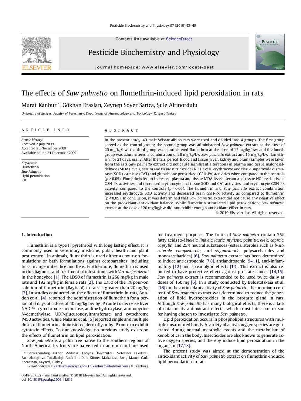 The effects of Saw palmetto on flumethrin-induced lipid peroxidation in rats