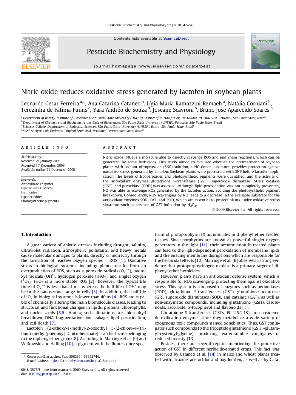 Nitric oxide reduces oxidative stress generated by lactofen in soybean plants