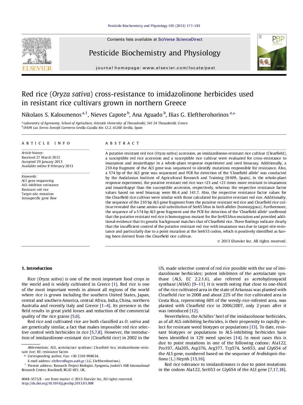 Red rice (Oryza sativa) cross-resistance to imidazolinone herbicides used in resistant rice cultivars grown in northern Greece