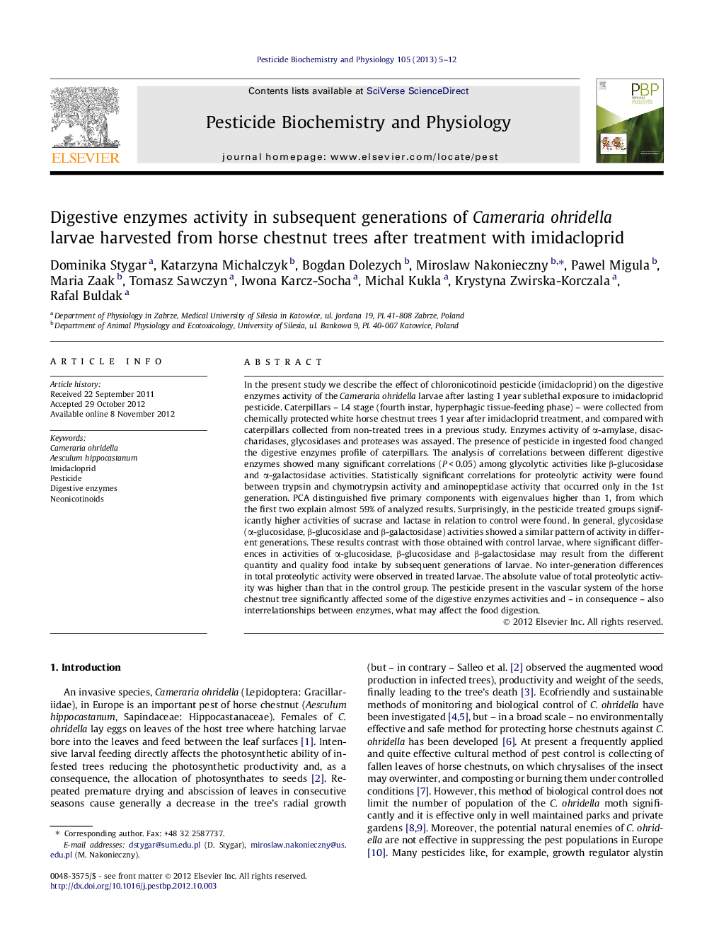 Digestive enzymes activity in subsequent generations of Cameraria ohridella larvae harvested from horse chestnut trees after treatment with imidacloprid