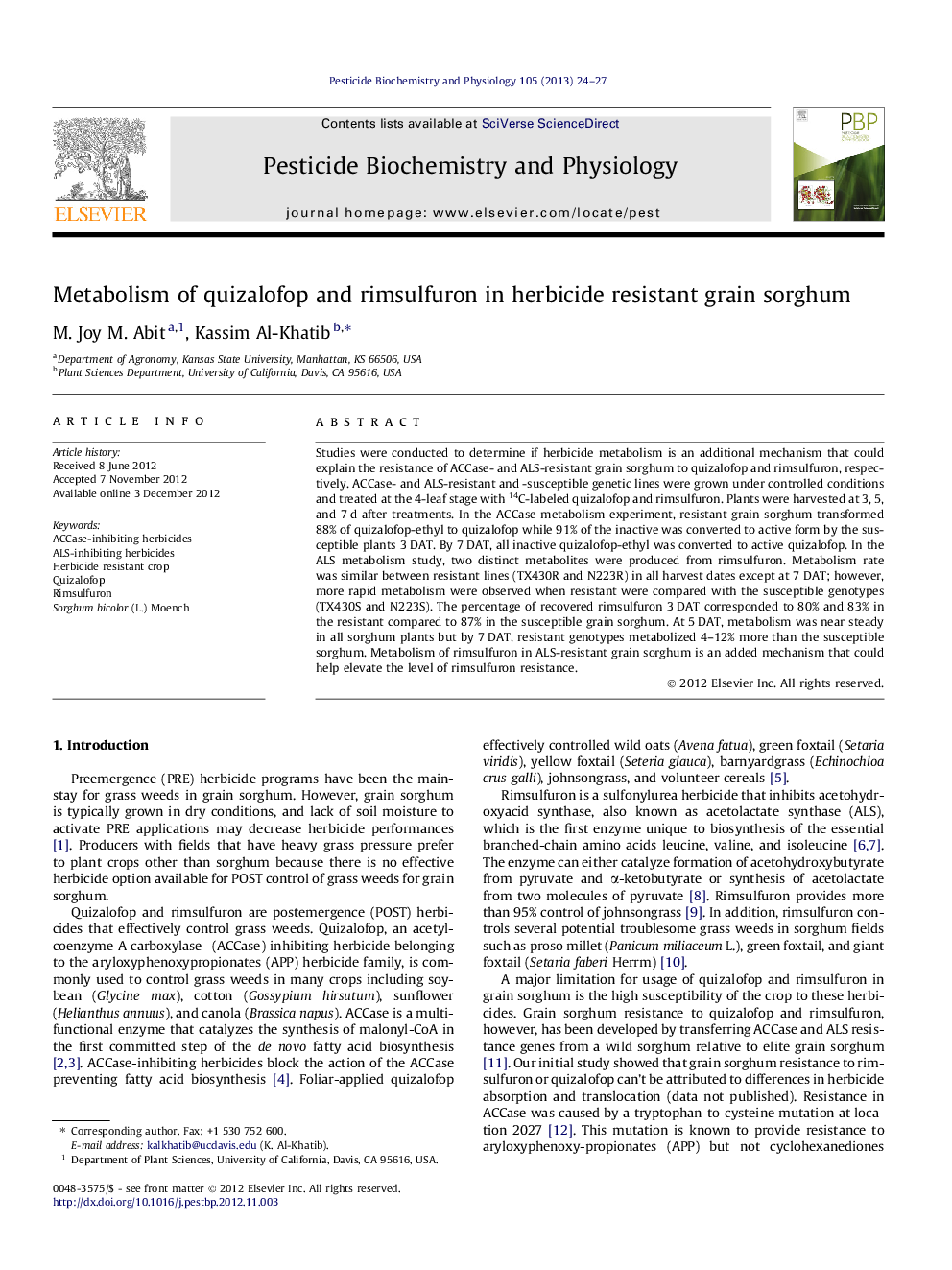 Metabolism of quizalofop and rimsulfuron in herbicide resistant grain sorghum