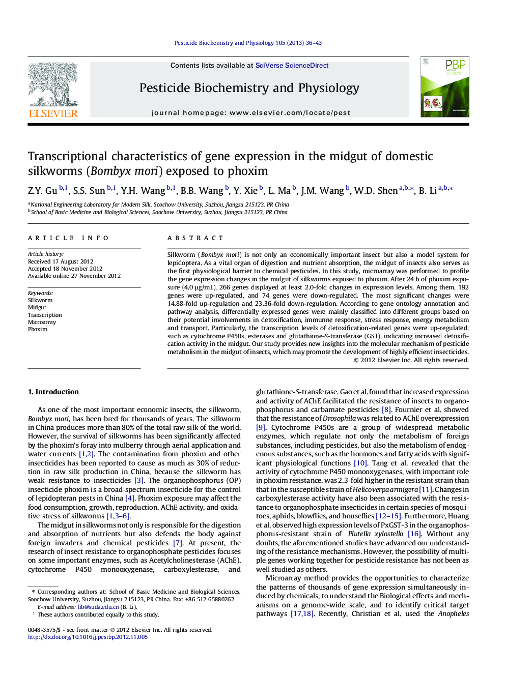 Transcriptional characteristics of gene expression in the midgut of domestic silkworms (Bombyx mori) exposed to phoxim