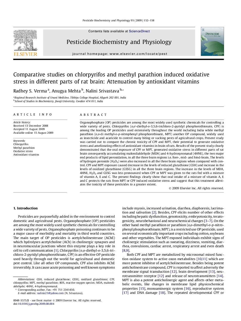 Comparative studies on chlorpyrifos and methyl parathion induced oxidative stress in different parts of rat brain: Attenuation by antioxidant vitamins