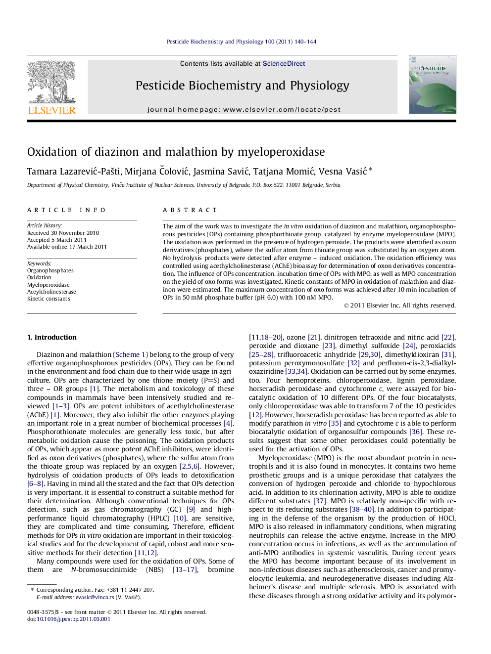 Oxidation of diazinon and malathion by myeloperoxidase