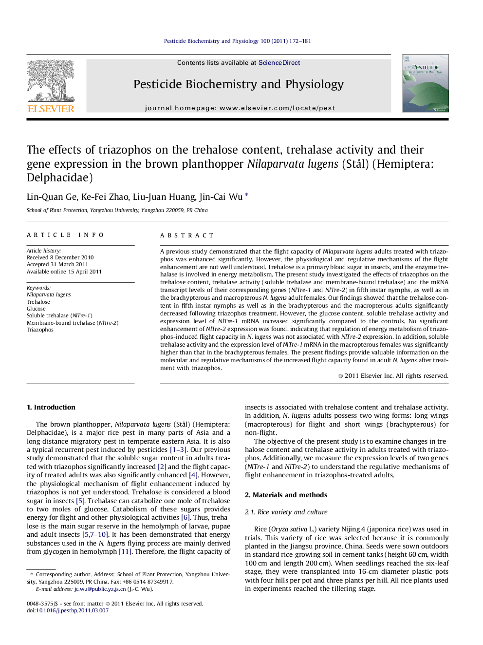 The effects of triazophos on the trehalose content, trehalase activity and their gene expression in the brown planthopper Nilaparvata lugens (Stål) (Hemiptera: Delphacidae)