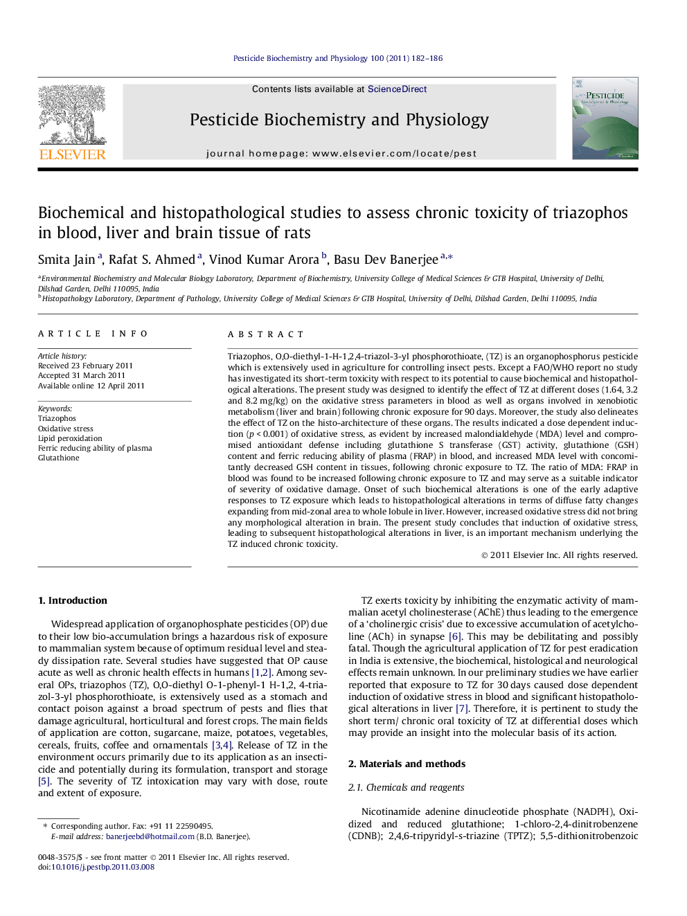 Biochemical and histopathological studies to assess chronic toxicity of triazophos in blood, liver and brain tissue of rats