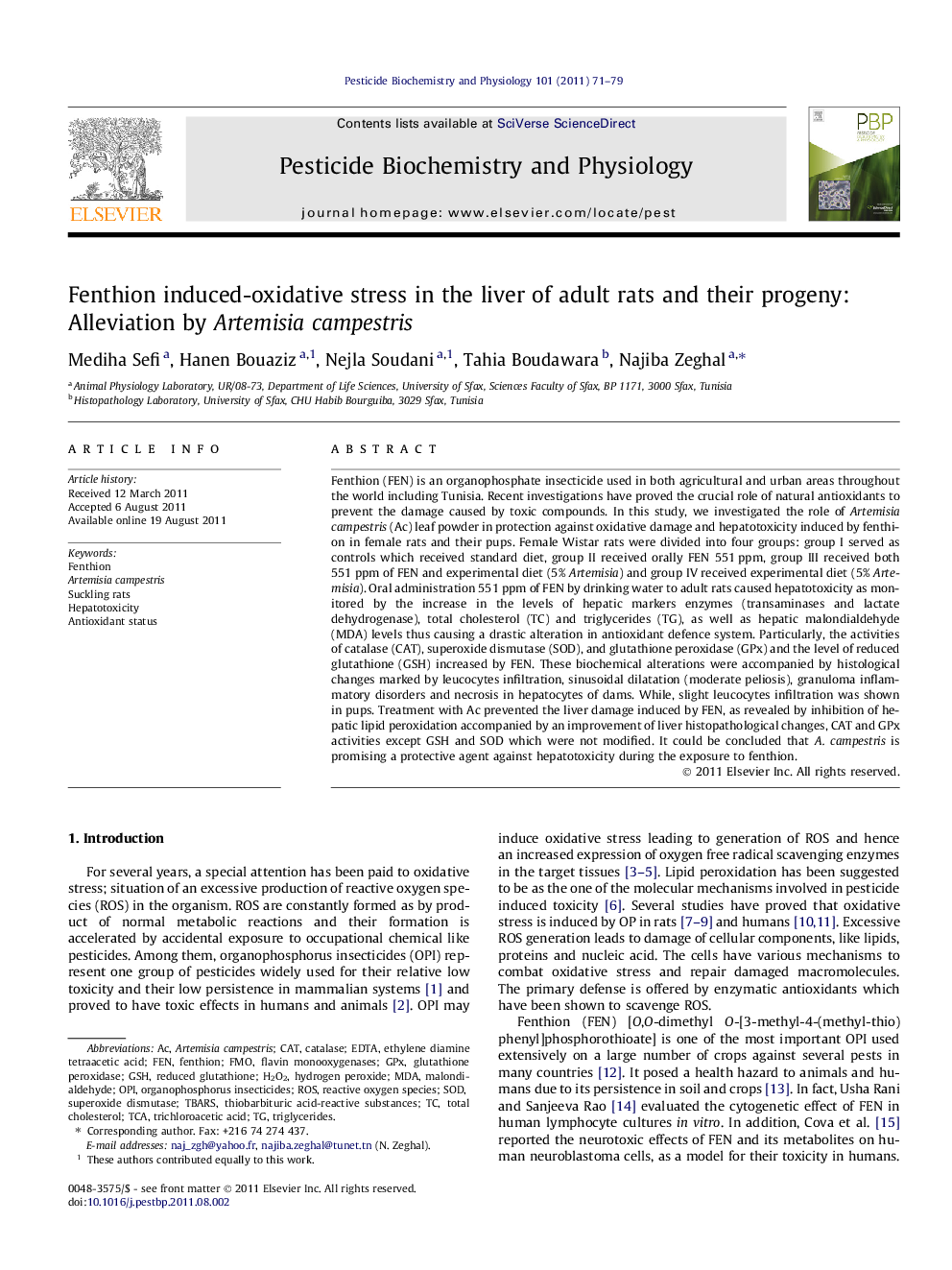 Fenthion induced-oxidative stress in the liver of adult rats and their progeny: Alleviation by Artemisia campestris