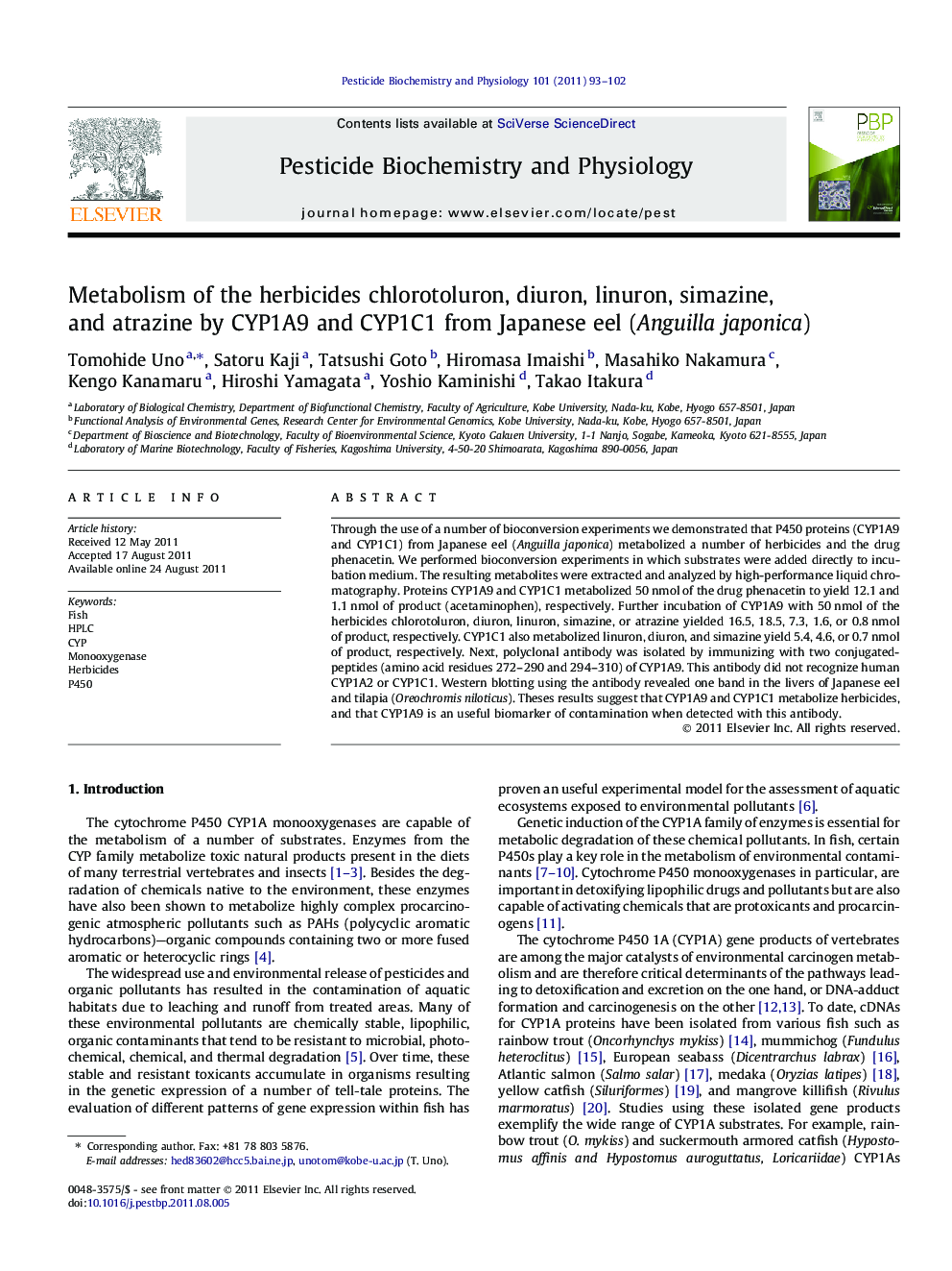 Metabolism of the herbicides chlorotoluron, diuron, linuron, simazine, and atrazine by CYP1A9 and CYP1C1 from Japanese eel (Anguilla japonica)