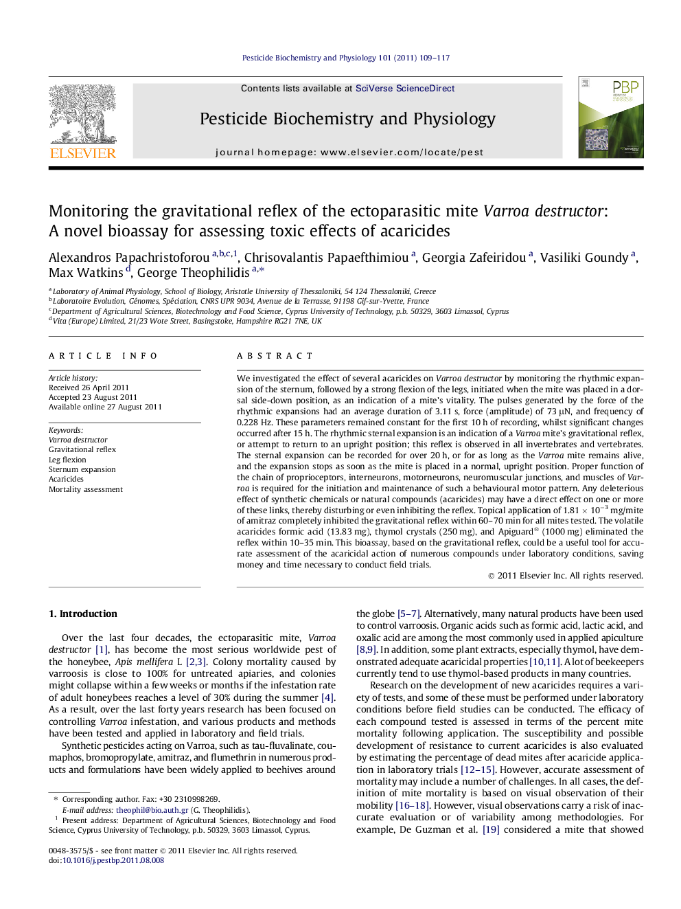 Monitoring the gravitational reflex of the ectoparasitic mite Varroa destructor: A novel bioassay for assessing toxic effects of acaricides